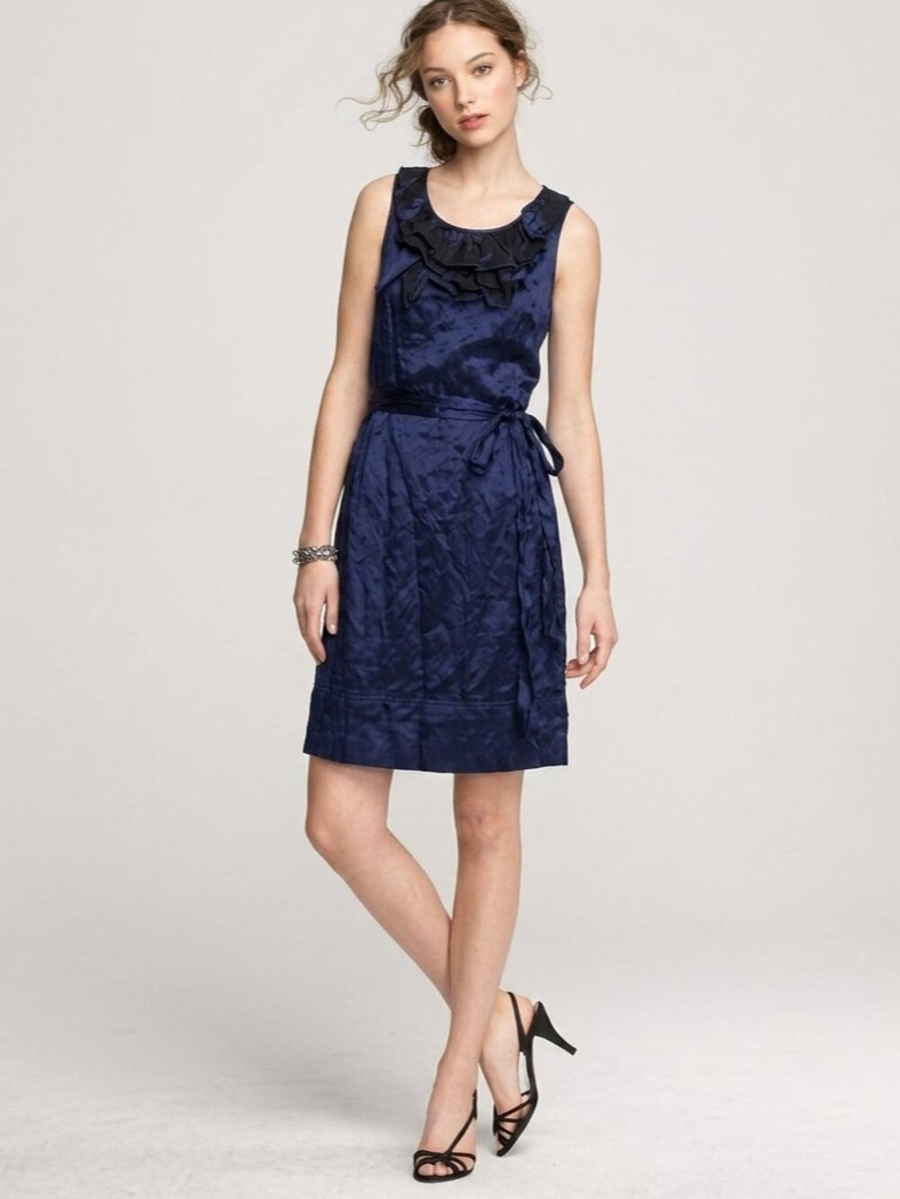 J.Crew Navy Blue Silk Cotton Ruffle Neck Sheath Dress Tie Waist Size 4 FA10 2010